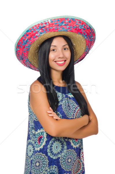 Young attractive woman wearing sombrero on white Stock photo © Elnur