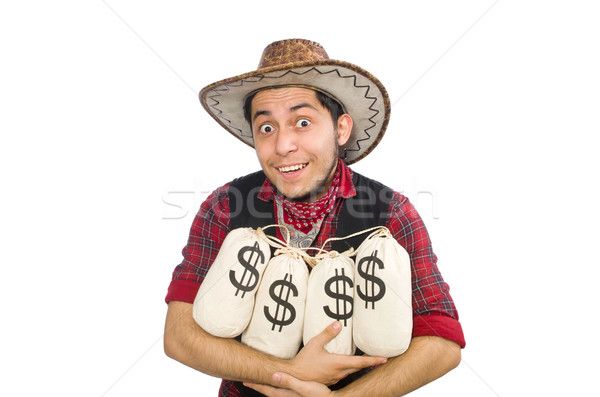 Fiatal cowboy pénz szatyrok izolált fehér Stock fotó © Elnur