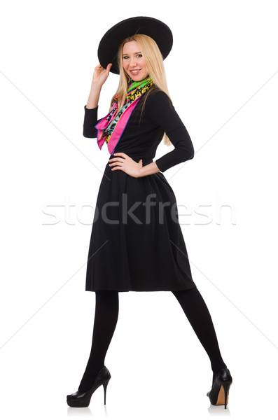 Stockfoto: Vrouw · lang · zwarte · jurk · geïsoleerd · witte · model