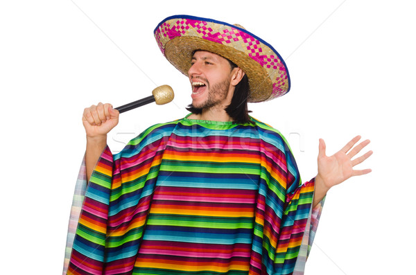 Handsome man in vivid poncho holding maracas isolated on white Stock photo © Elnur