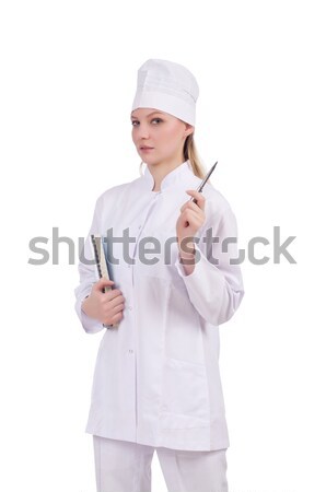 Foto stock: Bastante · feminino · médico · isolado · branco · livro