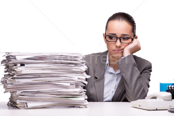 Angry woman with piles of paper on white Stock photo © Elnur