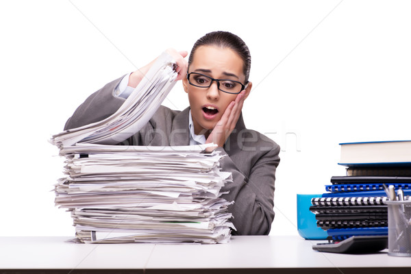 Angry woman with piles of paper on white Stock photo © Elnur