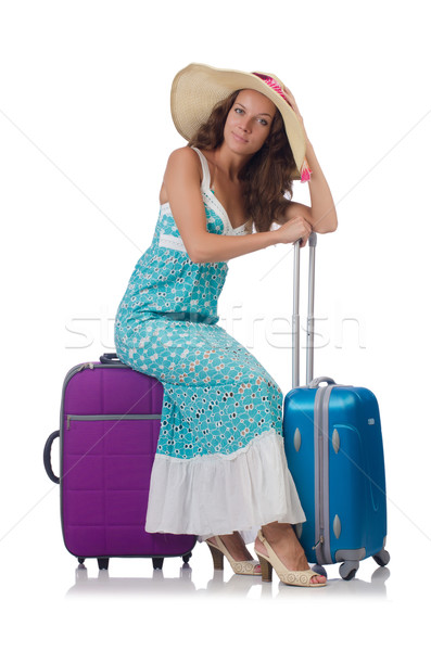 Foto d'archivio: Donna · viaggiatore · valigia · isolato · bianco · ragazza