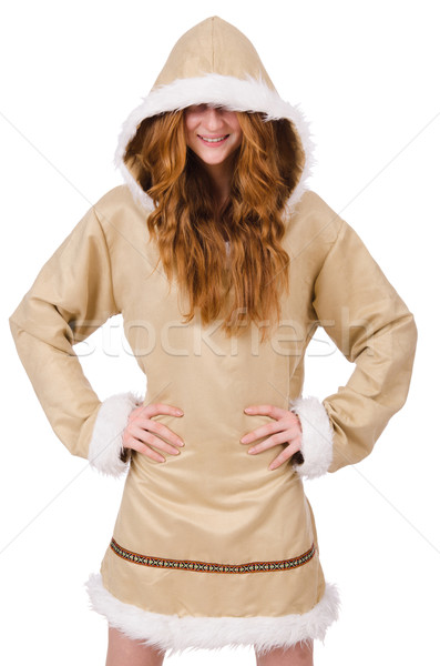 Eskimo girl wearing clothes of all fur isolated on white Stock photo © Elnur