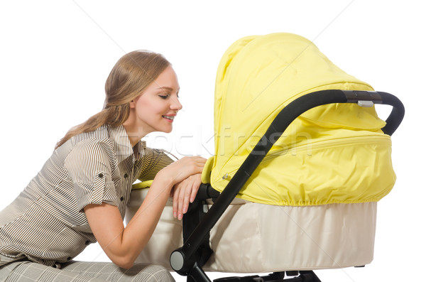 Stockfoto: Vrouw · kinderwagen · geïsoleerd · witte · familie · meisje