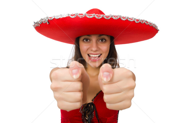 Woman wearing red sombrero isolated on white Stock photo © Elnur