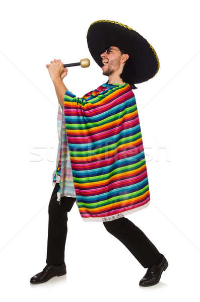 Handsome man in vivid poncho holding maracas isolated on white Stock photo © Elnur