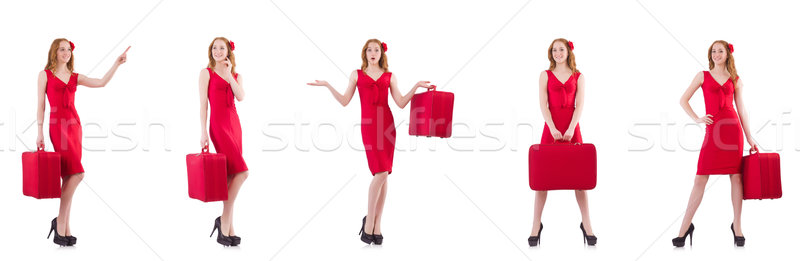 Stock photo: Young woman in red dress with suitcase isolated on white