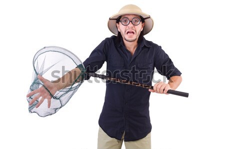 Stock photo: Funny guy with catching net on white