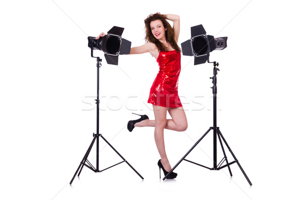 Kobieta czerwona sukienka stwarzające studio dziewczyna twarz Zdjęcia stock © Elnur
