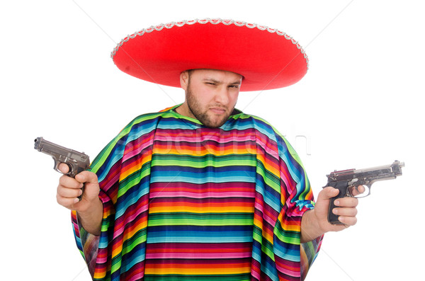 Stock photo: Funny mexican holding pistol isolated on white