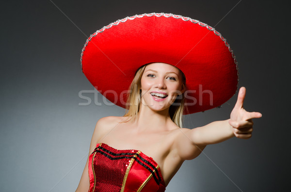 Stockfoto: Vrouw · sombrero · hoed · grappig · gelukkig