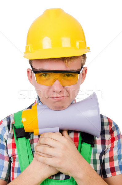 [[stock_photo]]: Drôle · travailleur · de · la · construction · haut-parleur · blanche · bâtiment · maison