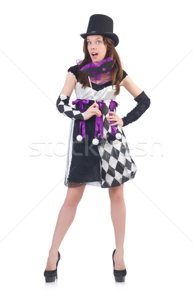 Pretty girl in jester costume with mask  isolated on white Stock photo © Elnur