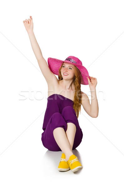 Stock photo: Pretty romantic girl in purple overalls isolated on white