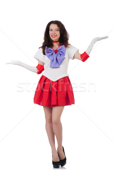 Stockfoto: Vrouwelijke · model · rode · jurk · geïsoleerd · witte