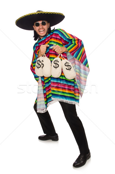 Handsome man in vivid poncho holding money bags isolated on white Stock photo © Elnur