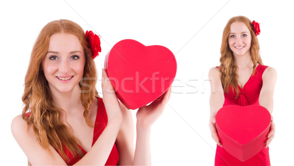 Red dress woman holding gift box isolated on white Stock photo © Elnur