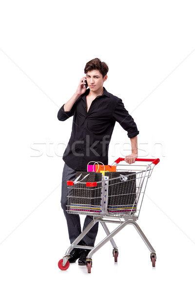 Stockfoto: Jonge · man · winkelen · geïsoleerd · witte · markt · grappig