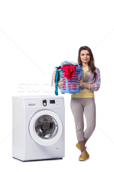 Frau müde Wäsche isoliert weiß Haus Stock foto © Elnur