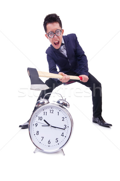 Stock photo: Funny man with axe and clock on white