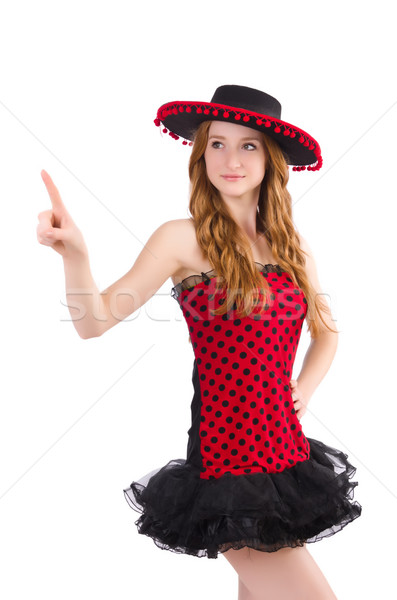 Young redhead girl in polka dot dress and  sombrero pressing vir Stock photo © Elnur