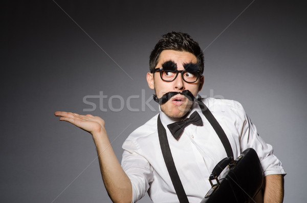 Foto stock: Joven · falso · bigote · aislado · gris · hombre