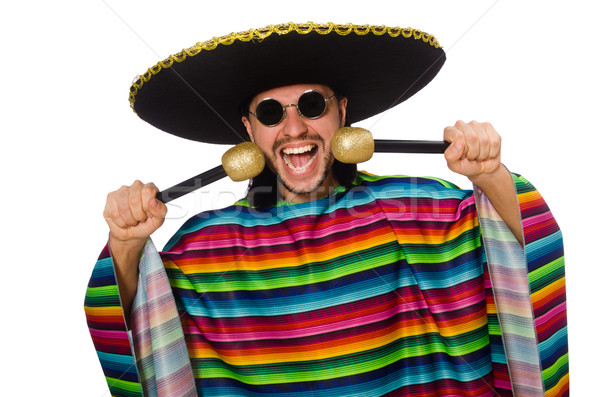 Handsome man in vivid poncho holding maracas isolated on white Stock photo © Elnur