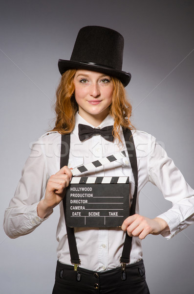 Foto stock: Mulher · jovem · filme · conselho · mulher · mão · sorrir