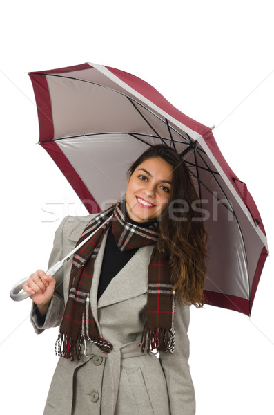 Foto stock: Mulher · guarda-chuva · isolado · branco · feliz · sol