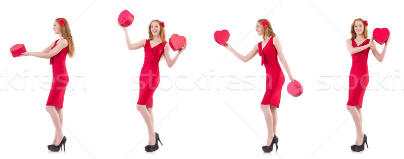 Red dress woman holding gift box isolated on white Stock photo © Elnur