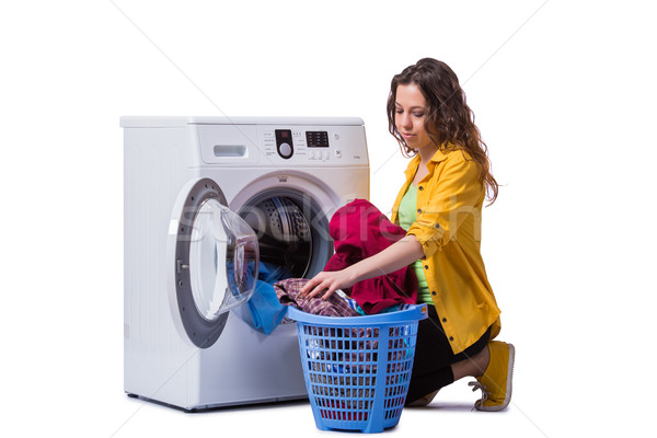 Stok fotoğraf: Kadın · yorgun · çamaşırhane · yalıtılmış · beyaz · ev