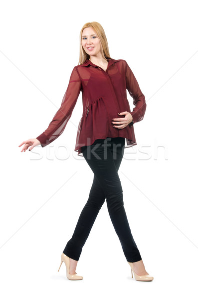 Foto stock: Belo · mulher · grávida · isolado · branco · bebê · feliz