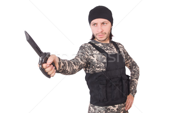 Young man in military uniform holding knife isolated on white Stock photo © Elnur
