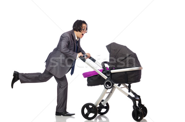 Funny dad with baby and pram on white Stock photo © Elnur