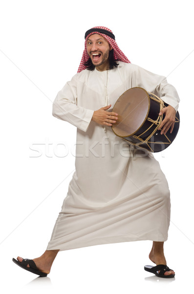 [[stock_photo]]: Arabes · homme · jouer · tambour · isolé · blanche