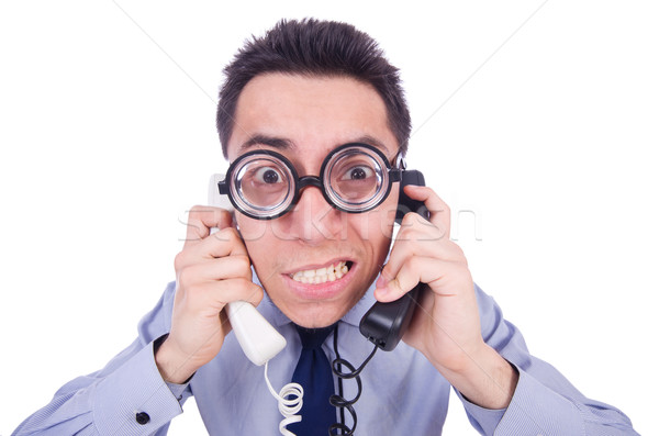 Stock photo: Crazy man with phone on white