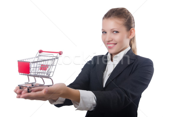 Businesswoman with shopping cart on white Stock photo © Elnur