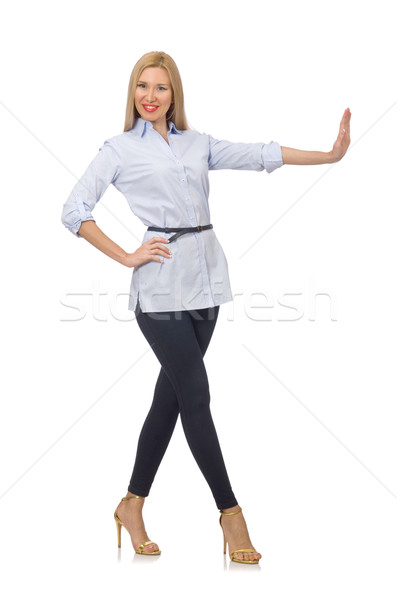 Kobieta niebieski bluzka odizolowany biały nogi Zdjęcia stock © Elnur