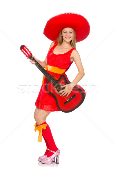 Woman with sombrero playing guitar on white Stock photo © Elnur