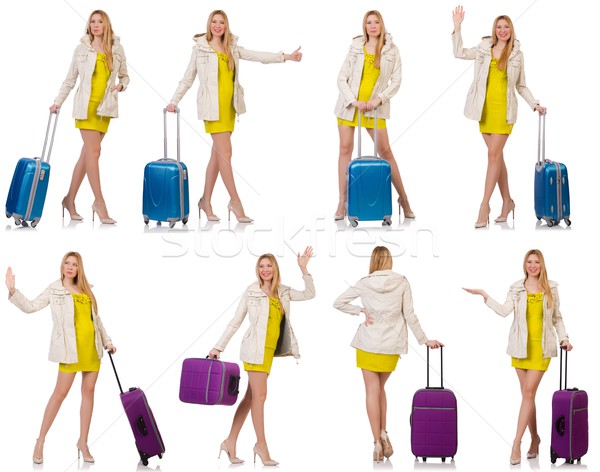 Woman preparing for vacation with suitcase on white Stock photo © Elnur