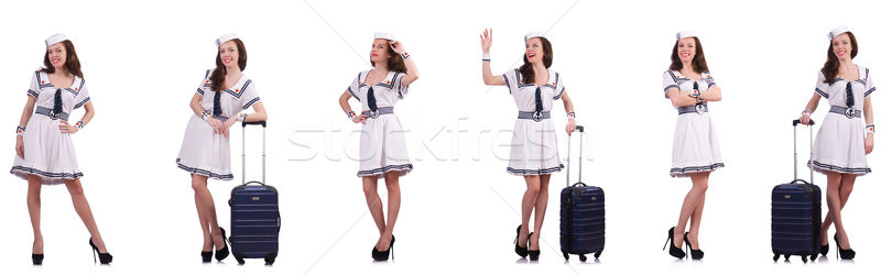 [[stock_photo]]: Femme · marin · valise · isolé · blanche · sourire