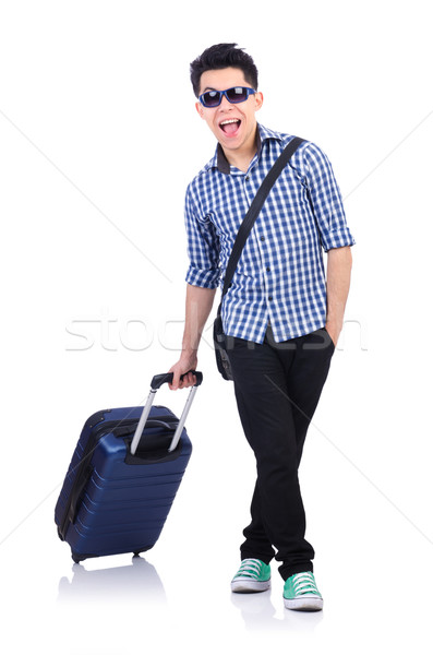 Foto stock: Jovem · cara · viajar · caso · branco · fundo