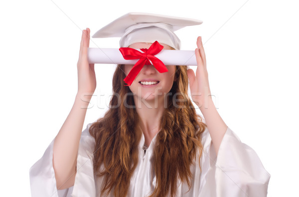 Stockfoto: Afgestudeerde · meisje · diploma · geïsoleerd · witte · onderwijs