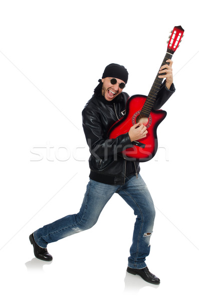 Foto stock: Guitarrista · isolado · branco · festa · fundo · metal