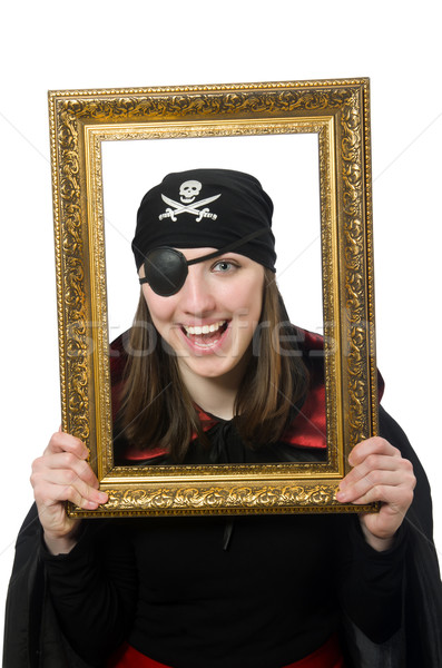 Stock photo: Female pirate in black coat holding photo frame isolated on whit