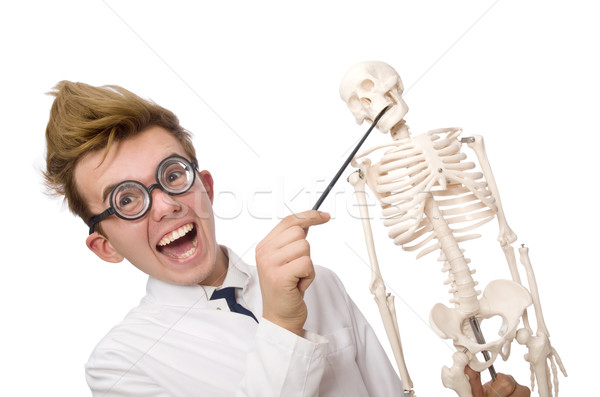 Funny doctor with skeleton isolated on white Stock photo © Elnur