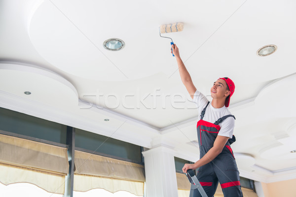 Foto stock: Jovem · pintor · pintura · teto · construção · parede