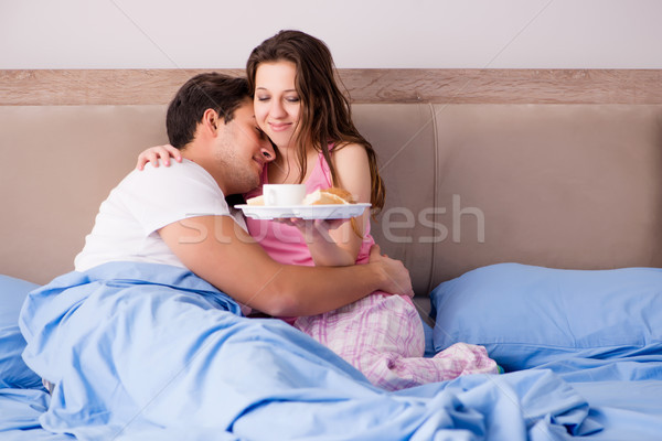 Foto stock: Familia · feliz · desayuno · cama · mujer · café · feliz